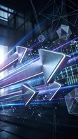 Futuristic digital technology concept with glowing neon lines, geometric shapes, and binary code representing data flow, network connectivity, and innovation in computing environments.