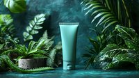 Mint green cosmetic tube on dark background with tropical leaves and palm fronds creating luxurious spa atmosphere. Natural skincare product presentation.