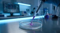 Scientist pipetting purple liquid into petri dish in modern laboratory with equipment and monitors in background, suitable for research, biotechnology, and scientific education materials.