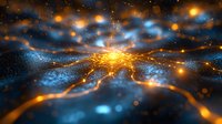 Glowing orange and blue abstract network with light particles floating in dark space, digital wave structure with luminous connections and bokeh effect.