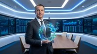 Professional businessman in suit holding glowing digital globe hologram in modern corporate boardroom with financial data displays and blue lighting.
