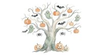 Watercolor Halloween tree with pumpkins, bats, spiders and ghosts on white background. Autumn seasonal decoration for cards, invitations and crafts.