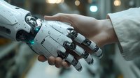 Human hand shaking robotic artificial intelligence hand in futuristic technology partnership collaboration concept for business automation.