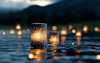 Glowing lanterns floating on calm water surface at twilight with mountain silhouettes creating magical ambiance for meditation and relaxation concepts.