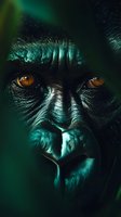 Close-up portrait of a dark-skinned primate with striking amber eyes, textured facial features, and teal-green lighting. Suitable for wildlife, nature documentaries, and creative projects.