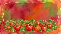 Ripe red tomatoes with green foliage arranged in a row against vibrant watercolor background in warm autumn tones, suitable for food packaging and culinary designs.