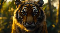 Majestic tiger portrait with intense amber eyes and golden fur illuminated by warm sunlight in natural forest habitat for wildlife photography projects.