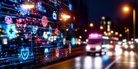 Digital healthcare symbols and icons floating over urban night street with ambulance and city lights in background, representing modern medical technology.