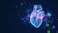 Digital human heart with glowing neural network connections and particles on dark blue background for medical technology and healthcare concepts.