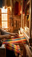 Elderly artisan weaving colorful striped textile on traditional wooden loom in warm sunlit workshop with brick walls and hanging threads.