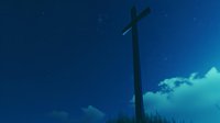 Silhouette of wooden cross against dramatic night sky with stars and glowing turquoise clouds, spiritual and religious concept background.