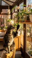 Tabby cat reaching for orchid plants on wooden shelves in sunny greenhouse conservatory with natural lighting and botanical garden atmosphere.