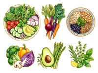 Assorted fresh vegetables and legumes including salad bowl with greens, tomatoes, cucumbers, avocado, asparagus, carrots, and mixed beans in bowl for healthy eating and nutrition.