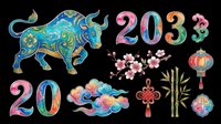 Colorful bull with 2023 and 2024 numerals, cherry blossoms, lanterns, and bamboo on transparent background. Ready for t-shirt designs, stickers, sublimation, print-on-demand products, and festive clipart.
