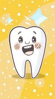 Cheerful cartoon tooth character with kawaii face expression and rosy cheeks on yellow sparkly background for dental care and children dentistry promotion.