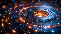 Glowing spiral of orange and blue lights with futuristic circular pattern creating dynamic motion effect against dark background. For tech and sci-fi designs.