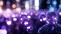 Digital human silhouette with neural network pattern against purple bokeh lights background for artificial intelligence and technology concepts.