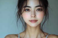 Young Asian woman with natural makeup and loose dark hair against blue background, soft lighting creates gentle shadows highlighting delicate features and glowing skin.