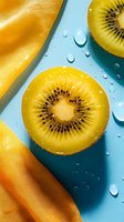 Fresh kiwi fruit slices on wet blue background with golden yellow fabric, creating vibrant contrast for food photography.