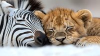 Young lion cub and zebra sleeping together, showing unusual animal friendship in nature. Close-up portrait demonstrates peaceful coexistence and harmony.