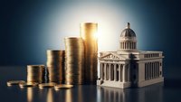 Government budget allocation with golden coin stacks rising beside neoclassical capitol building representing fiscal policy and public spending priorities.