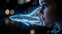 Young woman in profile with glowing digital airplane hologram emerging from mouth against dark background with bokeh lights, representing travel dreams and aspirations.