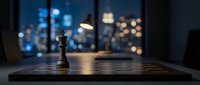 Chess piece on board with blurred city skyline at night, representing strategy, business planning, and competitive advantage for corporate and marketing projects.