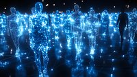 Glowing blue holographic figures walking in darkness, illuminated by sparkling light particles creating futuristic digital crowd effect. Suitable for technology concepts.