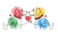 Two adorable dogs in love sharing heart with watercolor splashes on white background, perfect for romantic greeting cards and pet-themed designs.