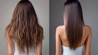 Comparison of damaged frizzy versus healthy straight brown hair shown from behind on young woman with bare shoulders, demonstrating hair treatment results.