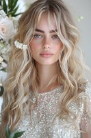 Young blonde woman with freckles and blue eyes wearing sequined white dress, surrounded by delicate white flowers and greenery in soft natural light.