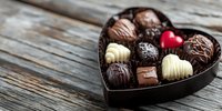 Assorted luxury chocolates in heart-shaped box on rustic wooden background, perfect for Valentine's Day, anniversary, or romantic gift-giving occasion.