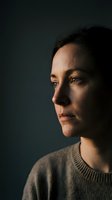 Thoughtful middle-aged Caucasian woman in profile with dramatic lighting against dark background wearing cozy sweater for contemplative lifestyle content.