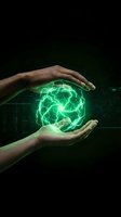 Hands holding glowing green energy sphere with electric lightning effects on dark background for technology and innovation concepts.