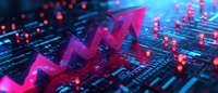 Glowing pink arrow chart rising over digital circuit board with red data points, representing financial growth and technology market analysis.