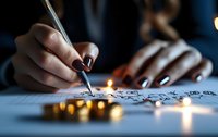 Businesswoman with burgundy manicure signing contract document with fountain pen, gold coins and soft lights creating professional atmosphere for financial agreement.