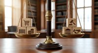 Brass scales of justice balancing consumer rights and legal symbols in law office with wooden background representing commercial law and regulations.