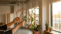 Modern geometric pendant lights with circular brass rings hanging in contemporary living space with natural sunlight and green plants in background.
