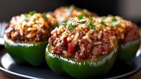 Stuffed green bell peppers with seasoned ground meat, topped with melted cheese, chopped nuts and fresh herbs on dark plate, close up view of homemade meal.
