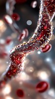 Red blood cells flowing through artery with sparkling particles and bokeh lights creating medical healthcare visualization for scientific presentations.