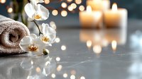 Serene spa composition with white orchids, rolled towel and glowing candles on marble surface, creating peaceful atmosphere with bokeh lights.