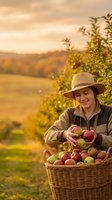 Young woman farmer harvesting fresh apples in wicker basket during golden hour sunset in autumn orchard with colorful fall foliage background.