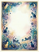 Decorative cat border frame with ornate floral swirls, paw prints, stars and moon elements on watercolor background for pet-themed designs and invitations.