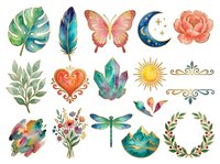 Watercolor botanical and celestial elements including monstera leaf, feather, butterfly, crescent moon, peony, foliage, heart, crystals, sun, dragonfly, and wreath. Isolated clipart for design projects.