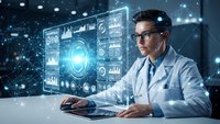 Professional male scientist in white lab coat analyzing futuristic holographic data interface with charts and graphs in modern laboratory setting.