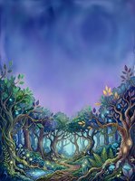 Enchanted forest with gnarled trees, glowing foliage, and mystical atmosphere. Twilight sky transitions from blue to purple. Magical woodland scene for fantasy, gaming, and creative projects.