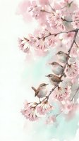 Small birds perched on blooming cherry blossom branch with soft pink flowers against pastel watercolor background for spring nature designs.
