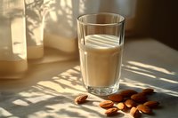 Fresh almond milk in tall glass with raw almonds scattered nearby, morning sunlight casting geometric shadows through window, healthy dairy alternative.