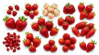 Assorted fresh red strawberries and berries isolated on white background, ready for food, nutrition, and culinary design projects.