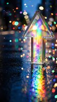 Crystal glass house prism refracting rainbow light spectrum with colorful bokeh background creating magical optical dispersion effect for home decor concepts.